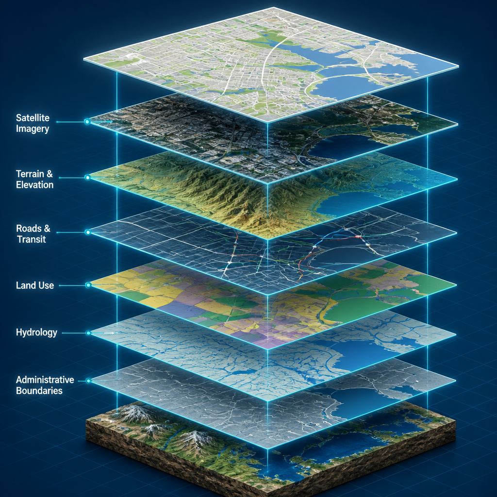 GIS data layers: satellite, terrain, roads, land use, hydrology and boundaries