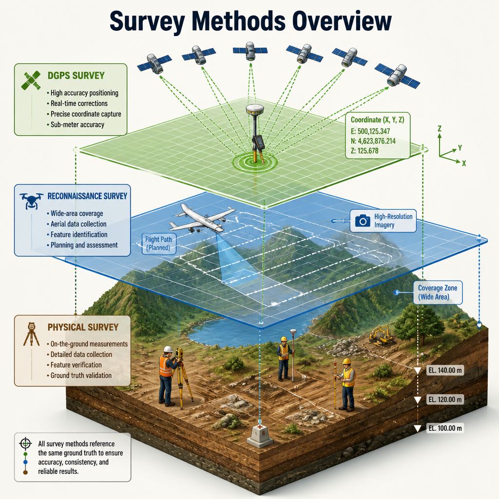 Survey methods overview: DGPS, reconnaissance and physical survey on a common ground truth